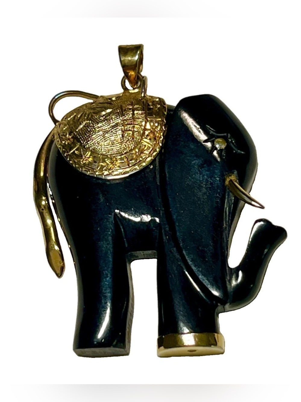 Art Deco Elephant Pendant. Retro Carved Black Gold Accents